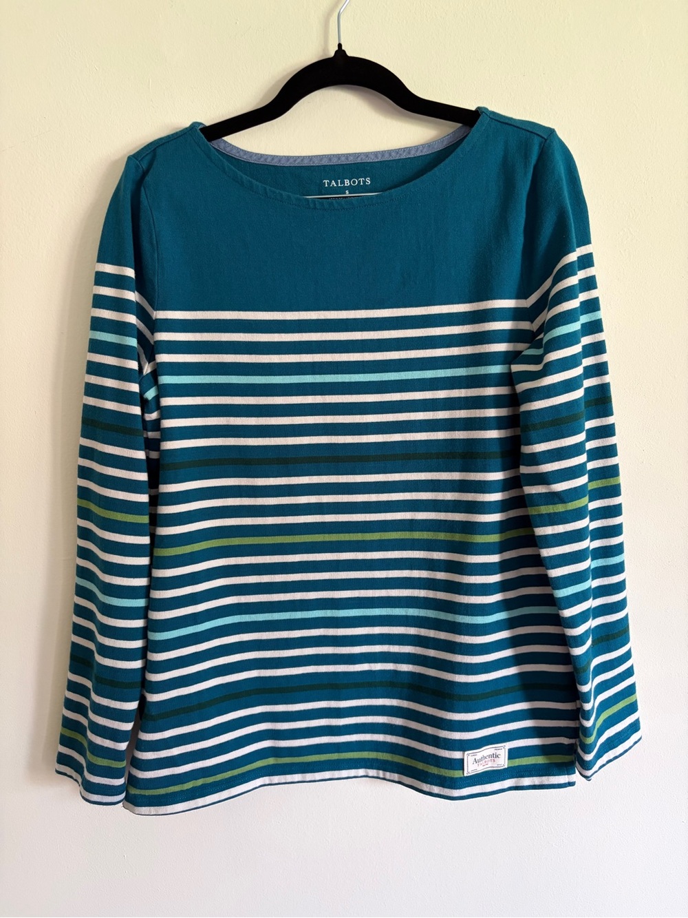 Talbots Teal, White, Navy & Green Striped Boatneck Long-Sleeve Tee